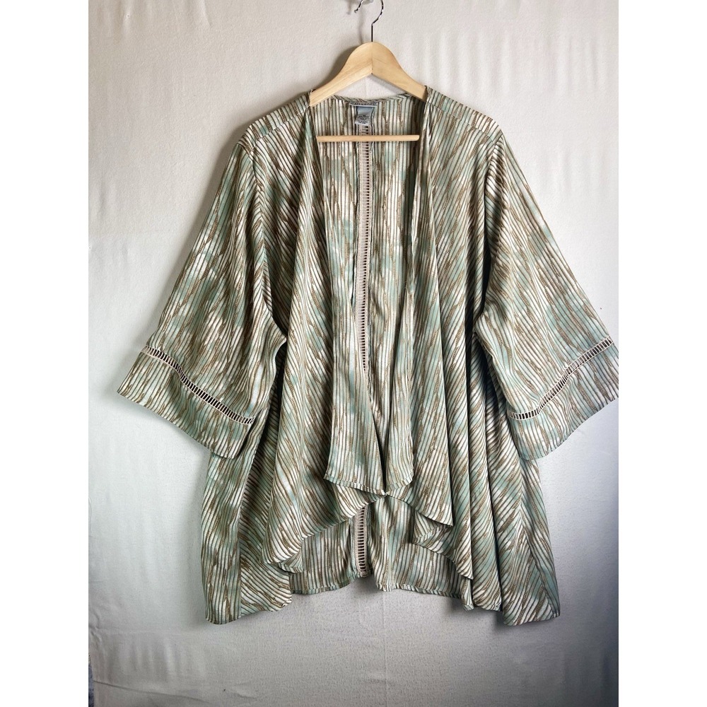 Catherine's Kimono CoverUp Cardigan Top3X 26/28W Green Open Drape Cut Out Trim